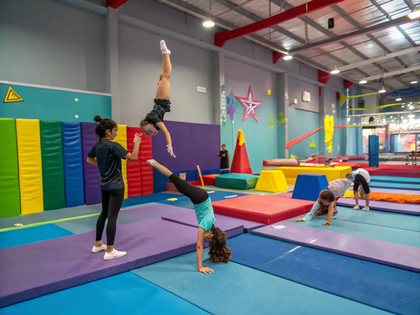 A vibrant image showcasing young children participating in a beginner's gymnastics class, with coaches providing guidance and support in a colorful and safe gym environment.