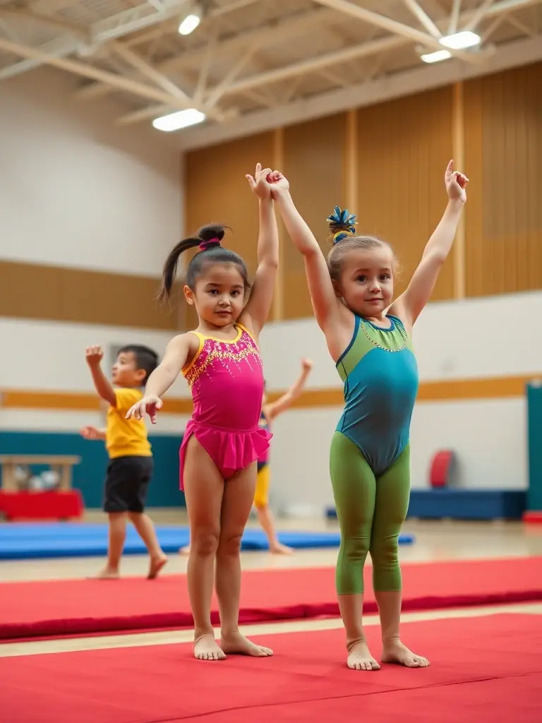 A vibrant image showcasing a diverse group of gymnasts participating in a training session at BBA GYM BOUC BEL AIR GYMNASTIQUE. The gymnasts are engaged in various activities, demonstrating flexibility, strength, and coordination.