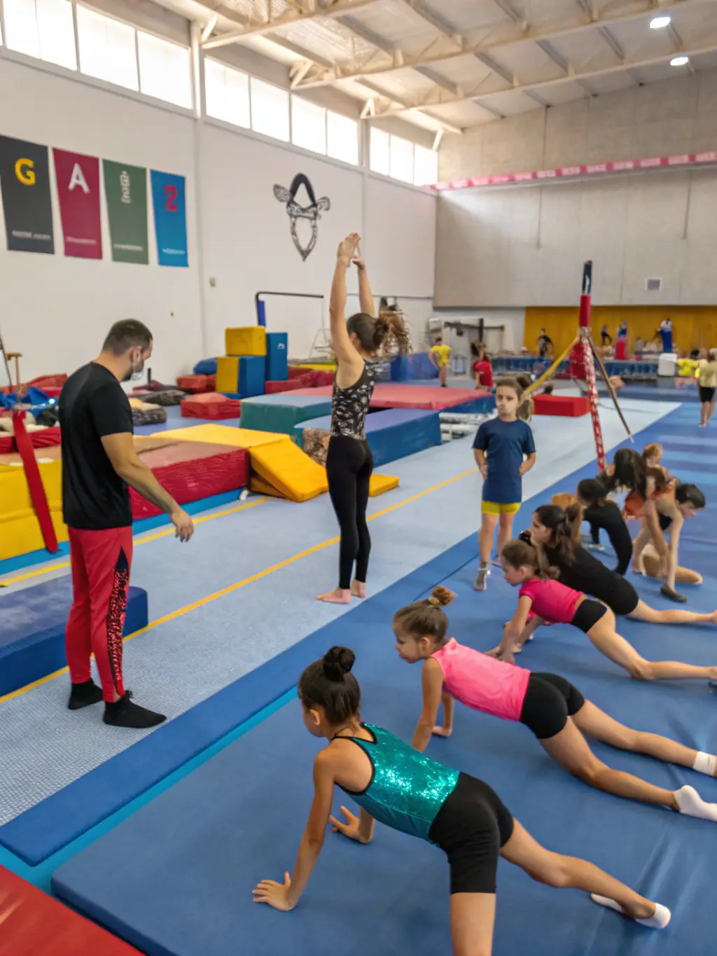 A heartwarming photo capturing a group of gymnasts from BBA GYM BOUC BEL AIR GYMNASTIQUE celebrating a successful routine. The gymnasts are smiling and supporting each other, showcasing the strong sense of community within the gym.
