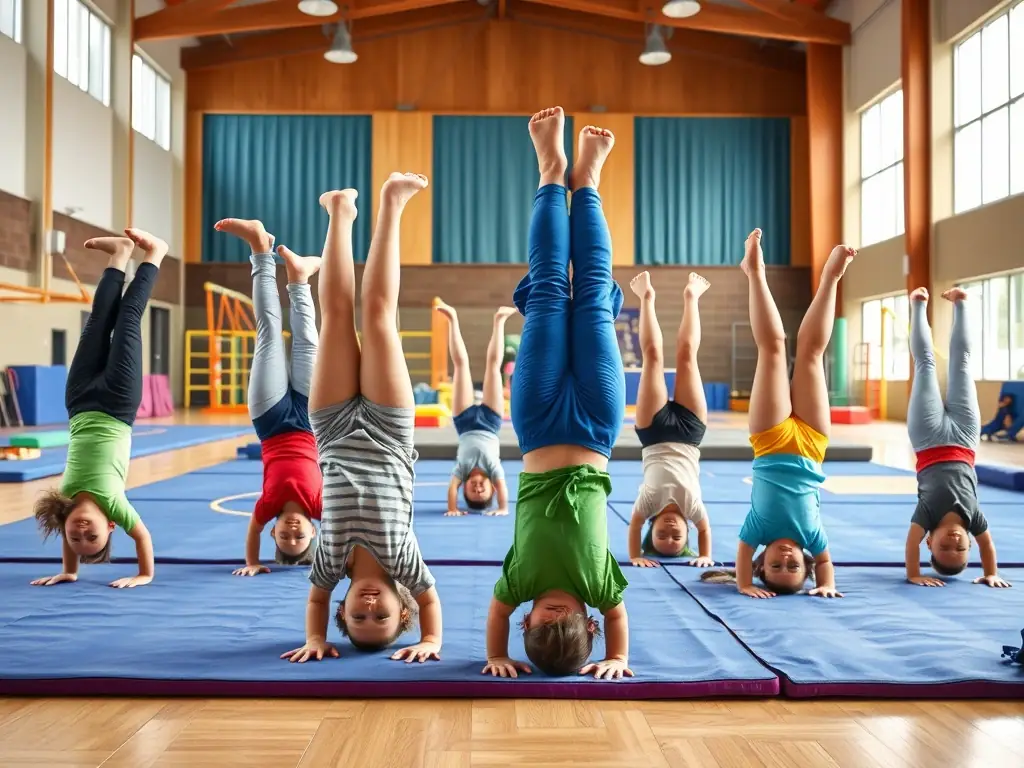 A vibrant image of young children participating in a beginner's gymnastics class, showcasing their enthusiasm and the fun environment of the program.